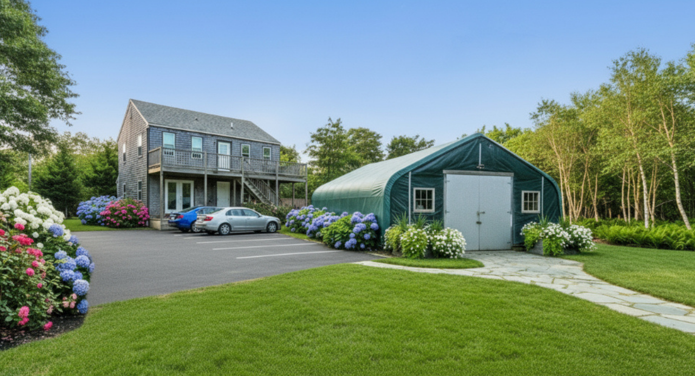Classic Nantucket gray home with wooden deck, blooming hydrangeas, and a landscaped garden featured in Kalman & Co. real estate.