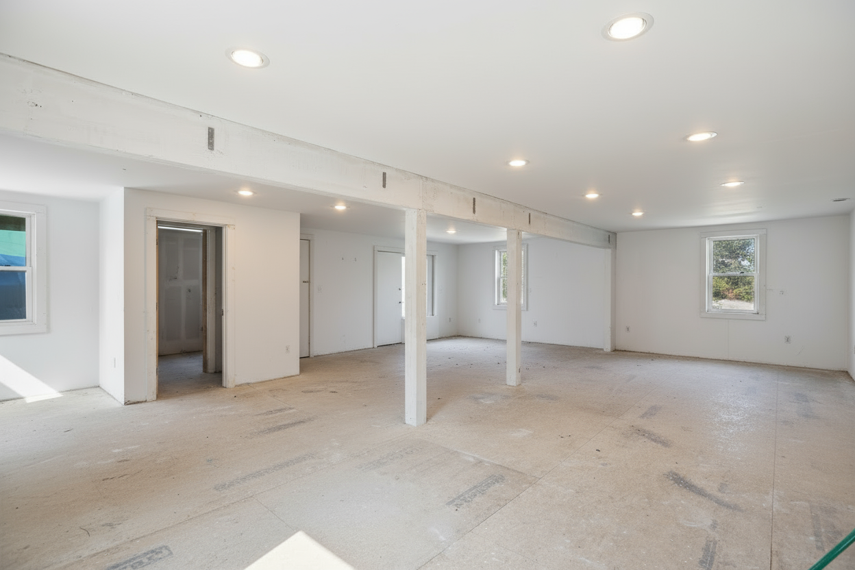 Unfinished interior space with white walls and recessed lighting, a potential Nantucket renovation or investment opportunity.