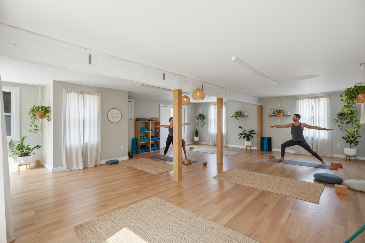 Bright yoga studio with wooden floors and large windows, reflecting the wellness lifestyle found on Nantucket.