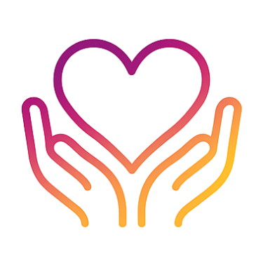 A neon-style glowing heart cradled by two hands, rendered in bright pink, orange, and yellow colors.