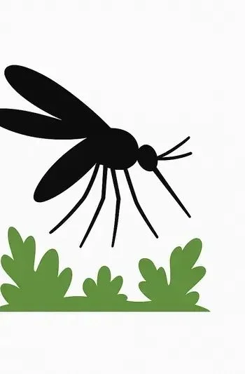 Silhouette of a mosquito flying above green plants.