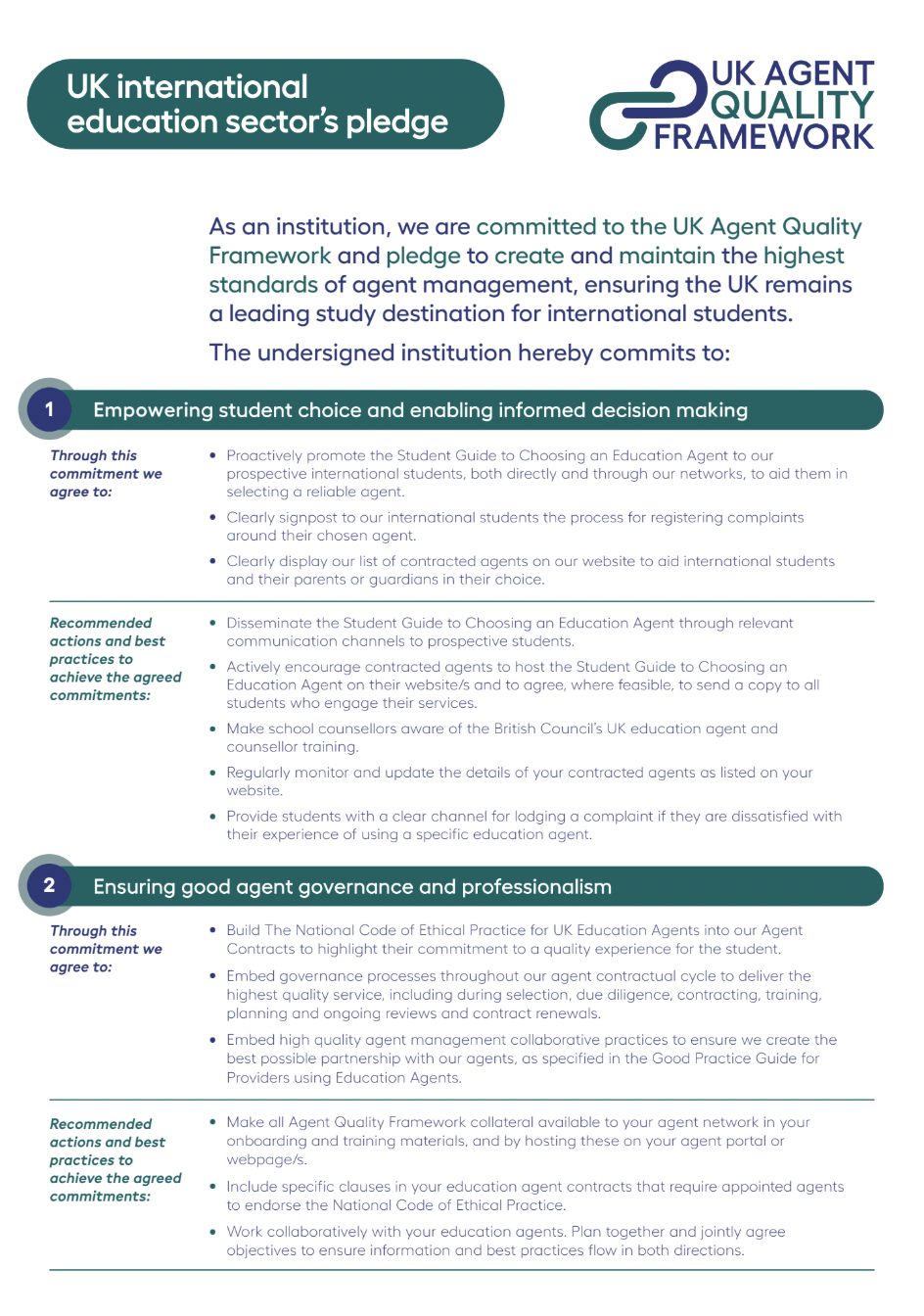 UK international education sector's pledge document displaying the UK Agent Quality Framework logos and detailed commitments for agent management and governance.