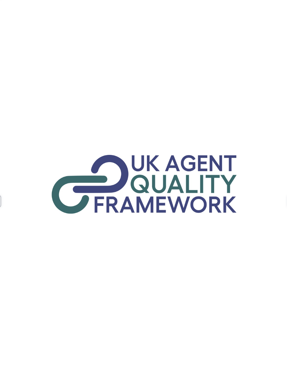 Logo for UK Agent Quality Framework featuring a stylized chain link icon and text in blue and green colors.