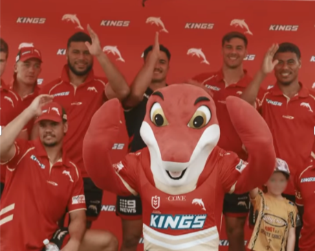 Abbie Sykes, as the NRL Redcliffe Dolphins mascot for a promotional fan-day prior to their debut season. 4CC Gladstone was part of the promotion for this event.