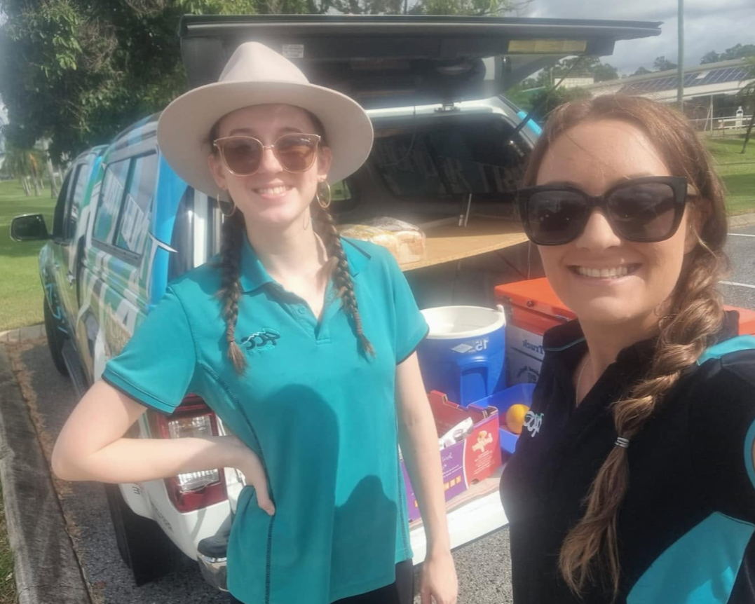 Abbie Sykes, working with the sales team at 4CC Gladstone in their early-morning promotions truck to promote community engagement and brand exposure.