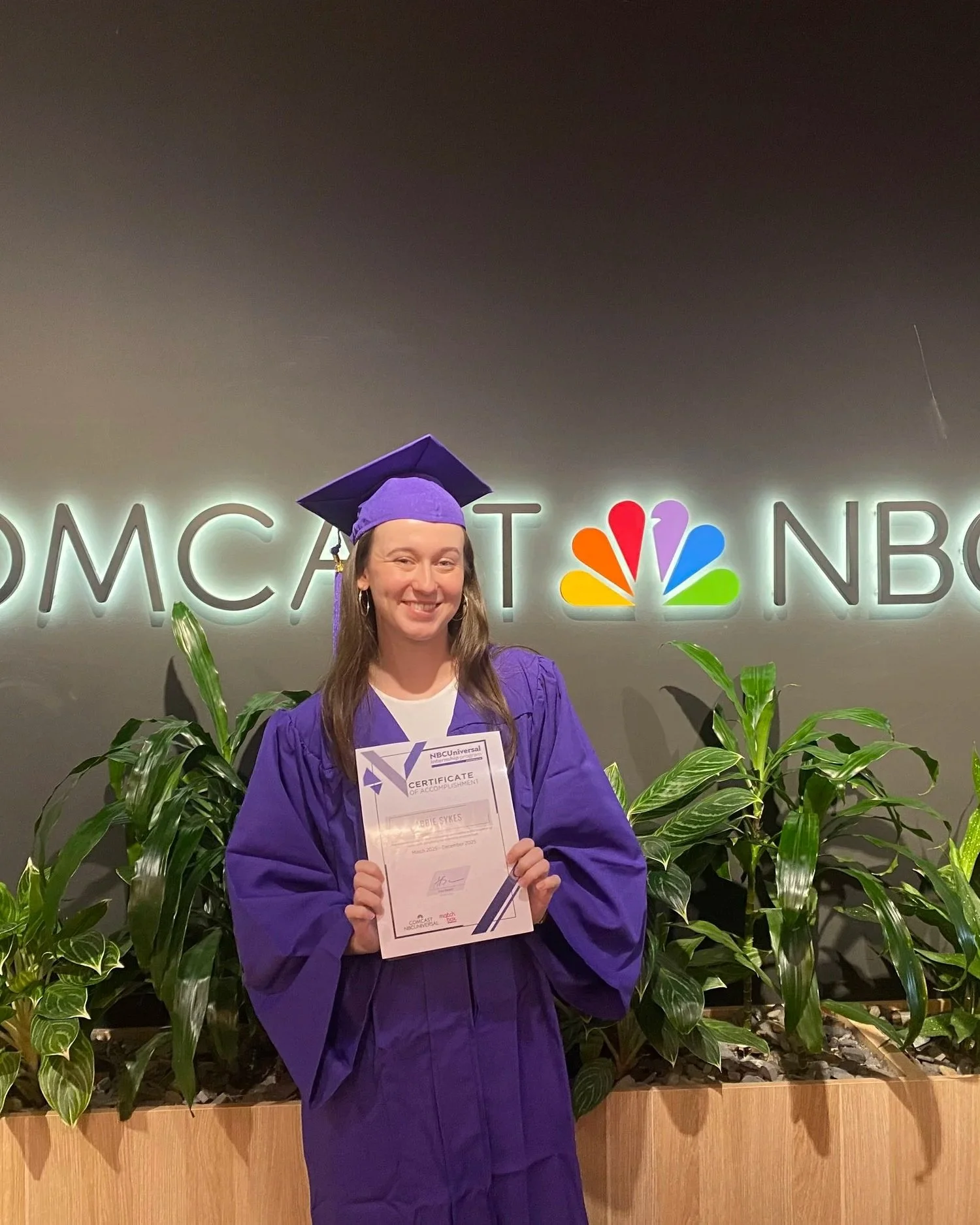Abbie Sykes, graduating from her publicity internship with Universal Pictures after presenting her professional outcomes and takeaways from her experience.