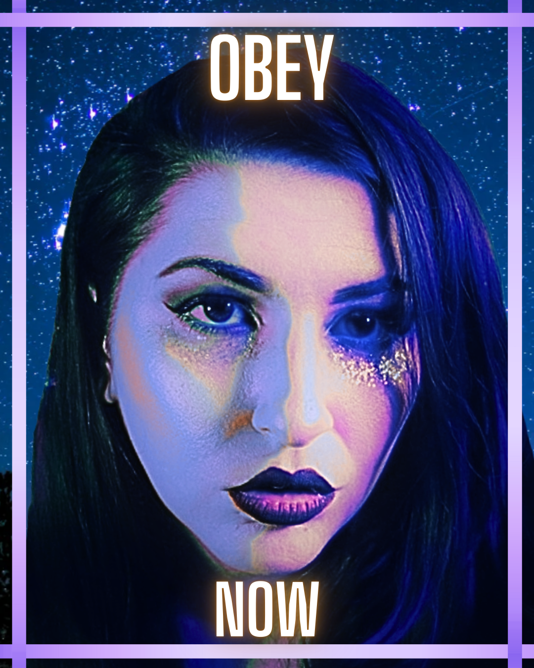 Digital artwork of a woman's face with makeup and glitter, set against a starry background. The words 'OBEY' are at the top and 'NOW' at the bottom of the image.