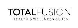 Logo for Total Fusion health and wellness clubs with black and gray text.