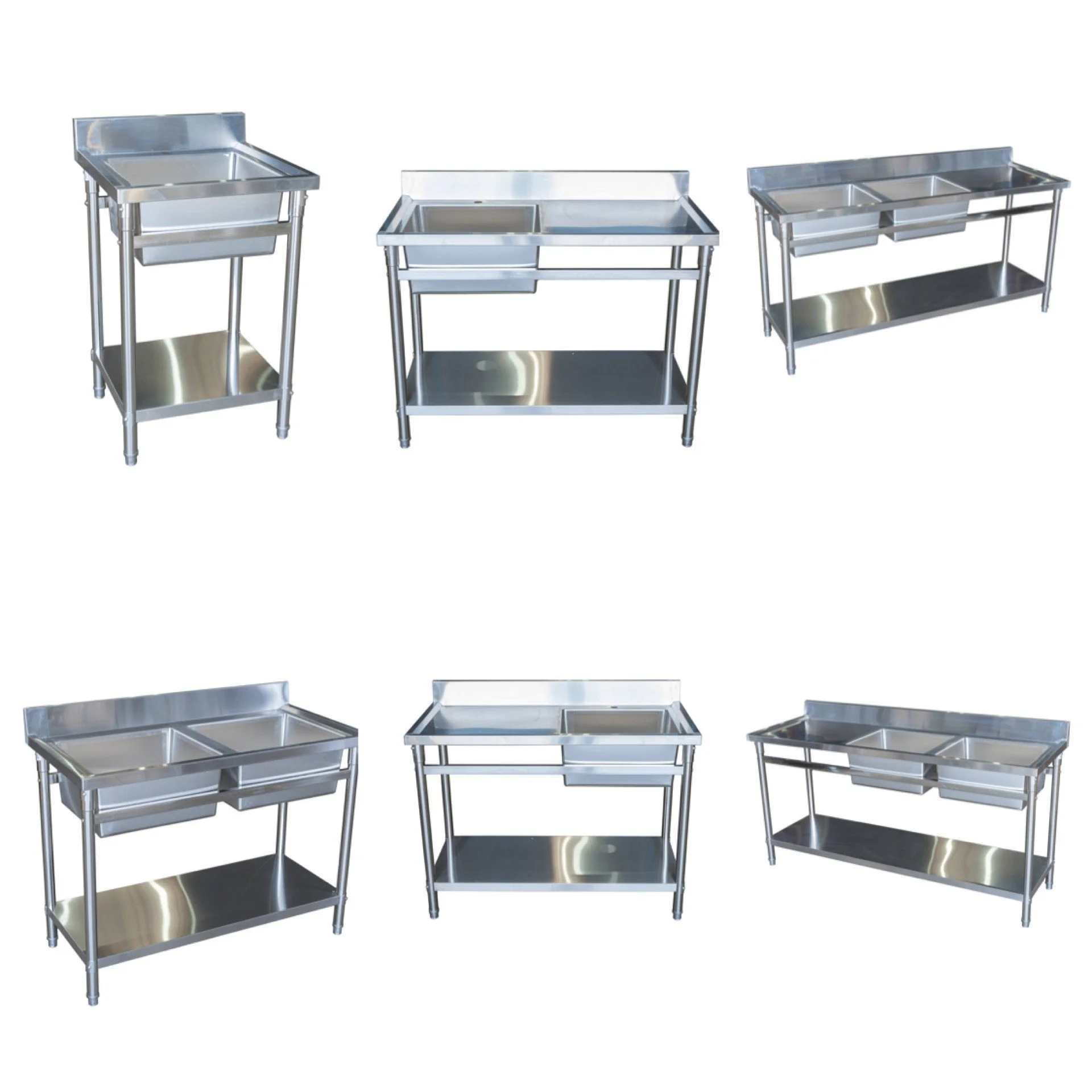 Six stainless steel chafing dish stands with varying designs and compartments.