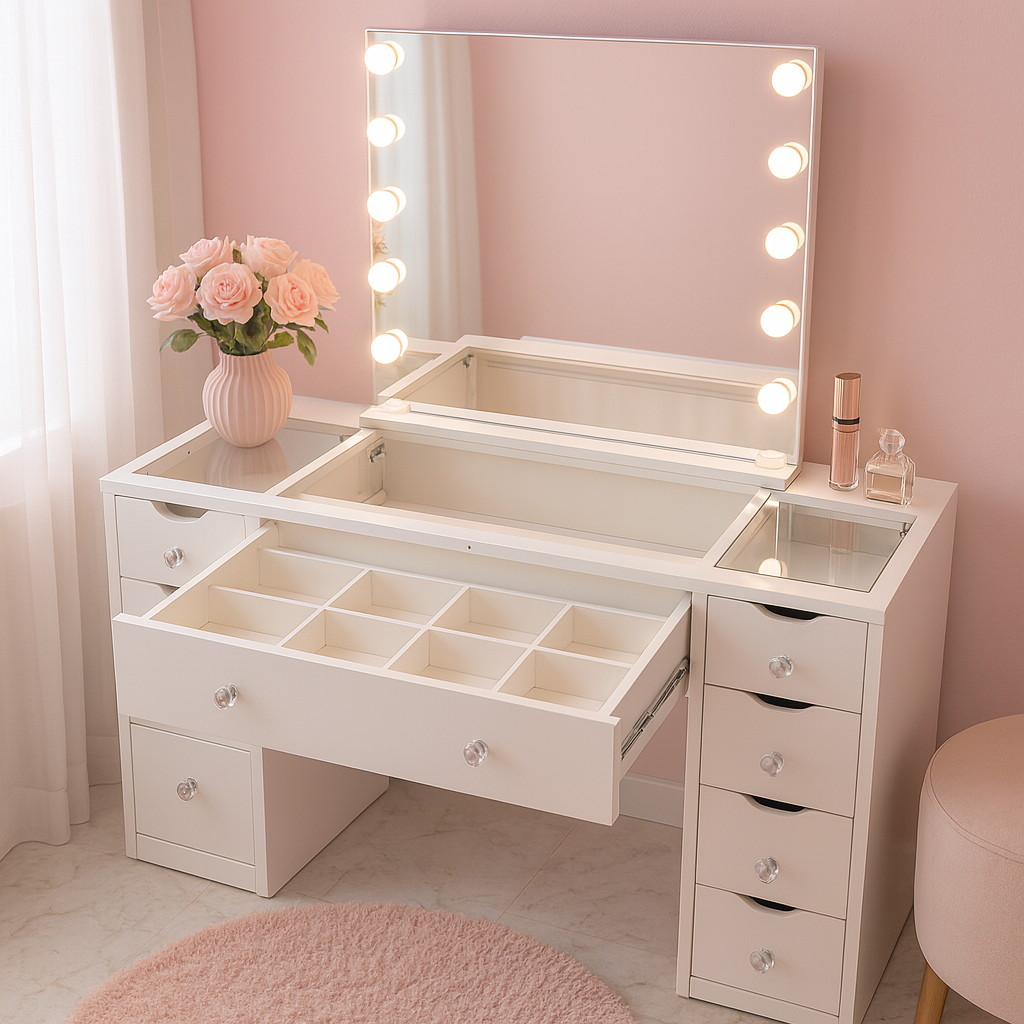 White makeup vanity with surrounded lights, a large mirror, and multiple storage compartments, decorated with a pink vase of roses and bottles of perfume, set against pink walls and a soft pink rug.