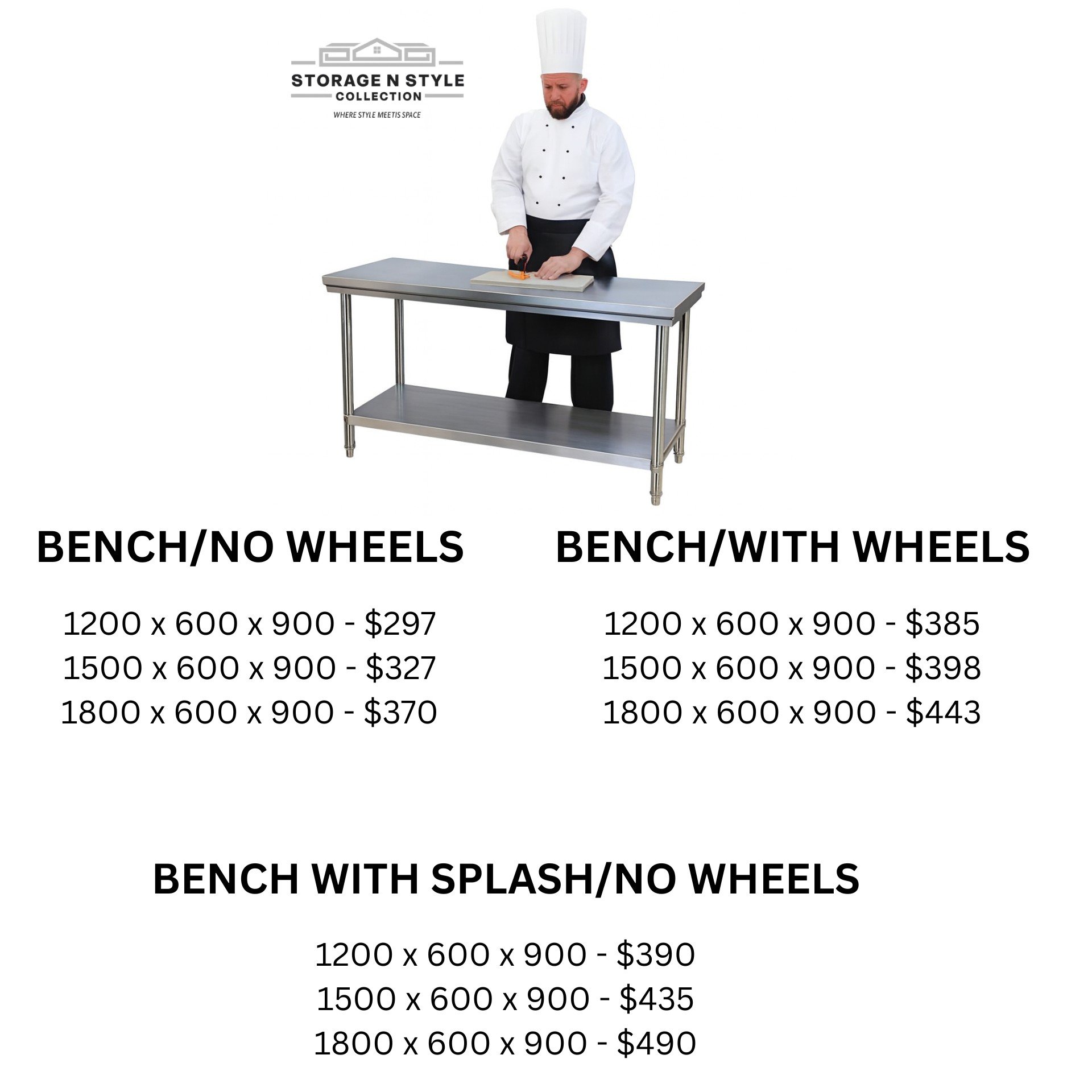Price list for different types of stainless steel work tables with dimensions and prices, featuring a chef in a white uniform and tall hat preparing food at a stainless steel table.