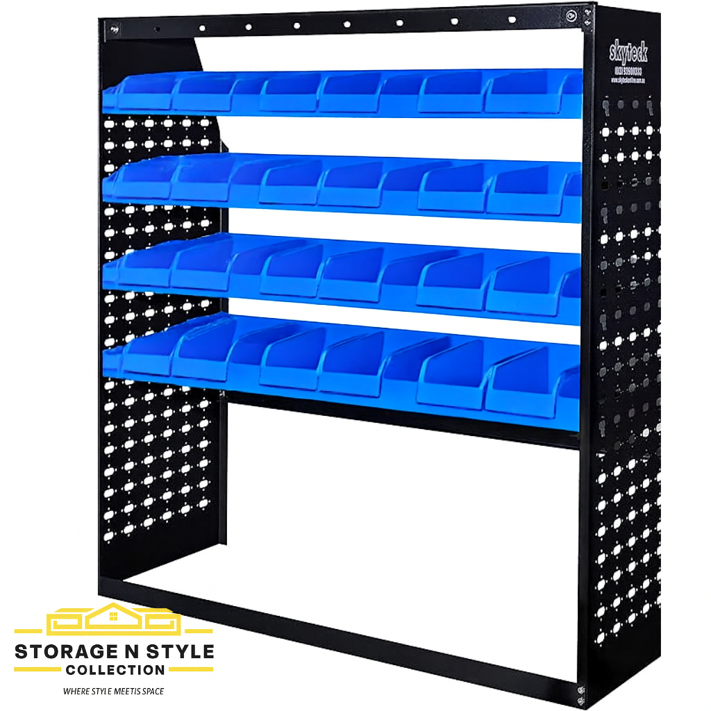 A black metal storage shelving unit with four blue plastic bins on each shelf, used for organizing small parts or tools in a workshop or retail setting.