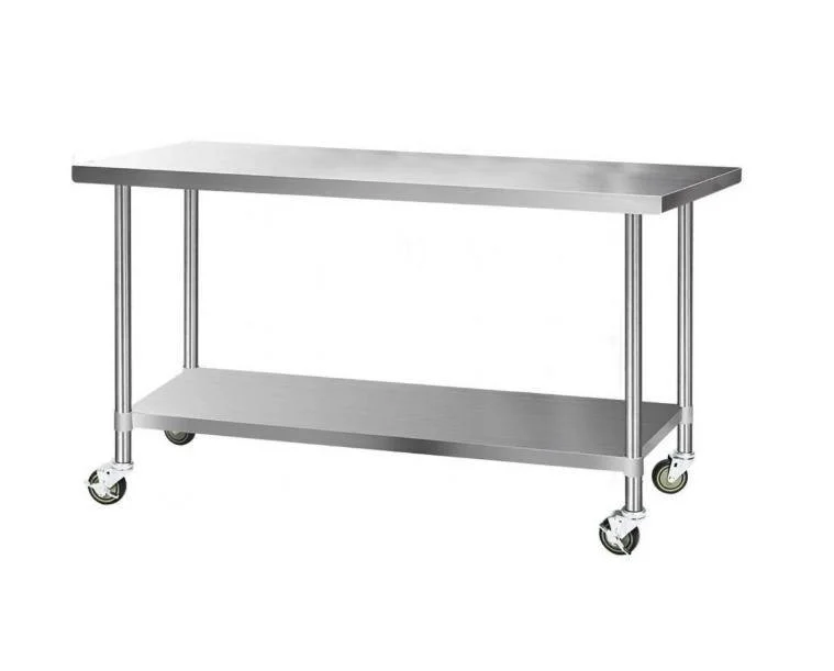 Stainless steel kitchen or utility cart with four caster wheels and a lower storage shelf.