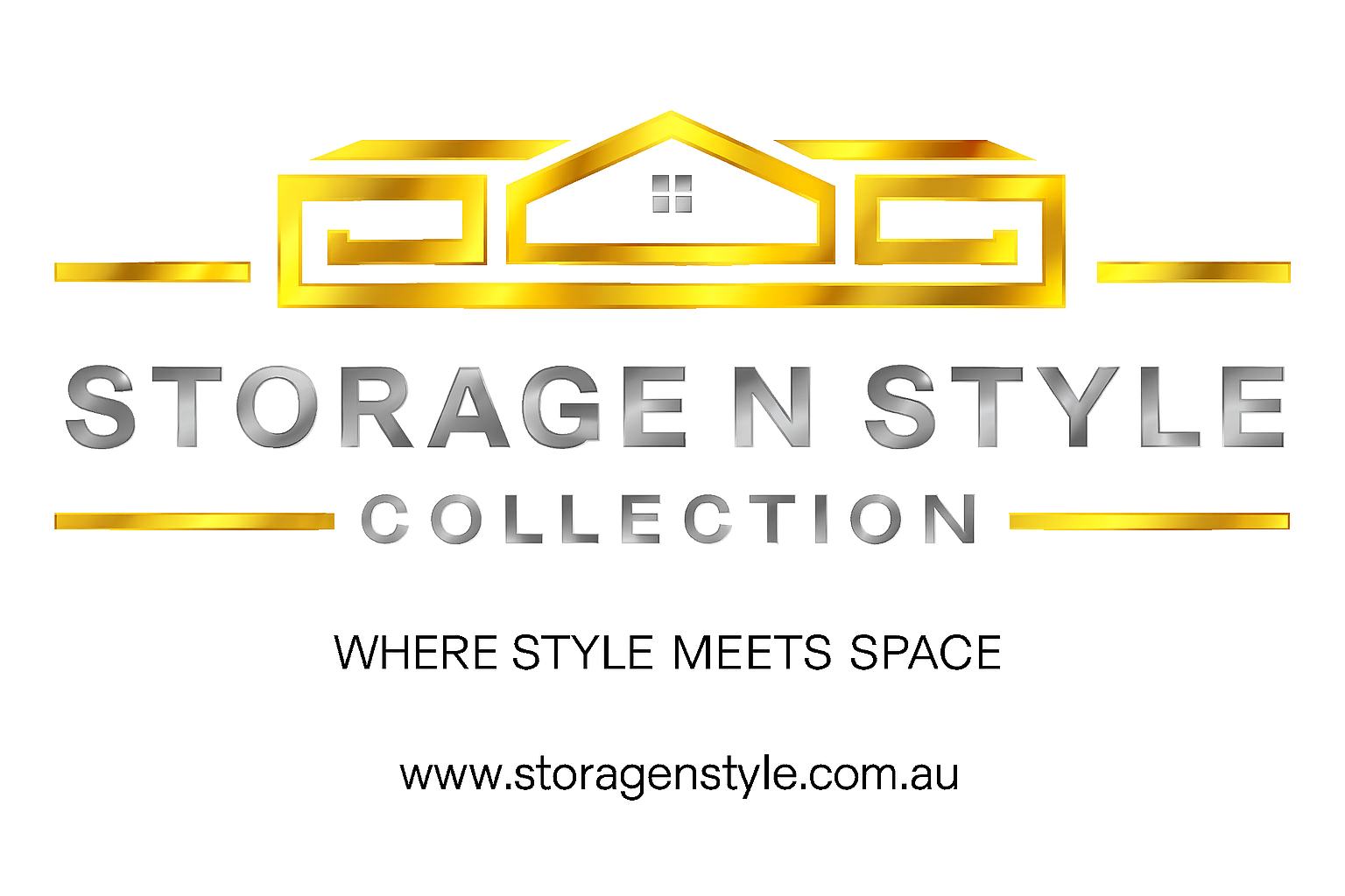 Logo for Storage N Style Collection featuring a gold outline of a house with a window, and the text "Storage N Style" in silver and gray, with the tagline "Where Style Meets Space" and the website www.storagenstyle.com.au.