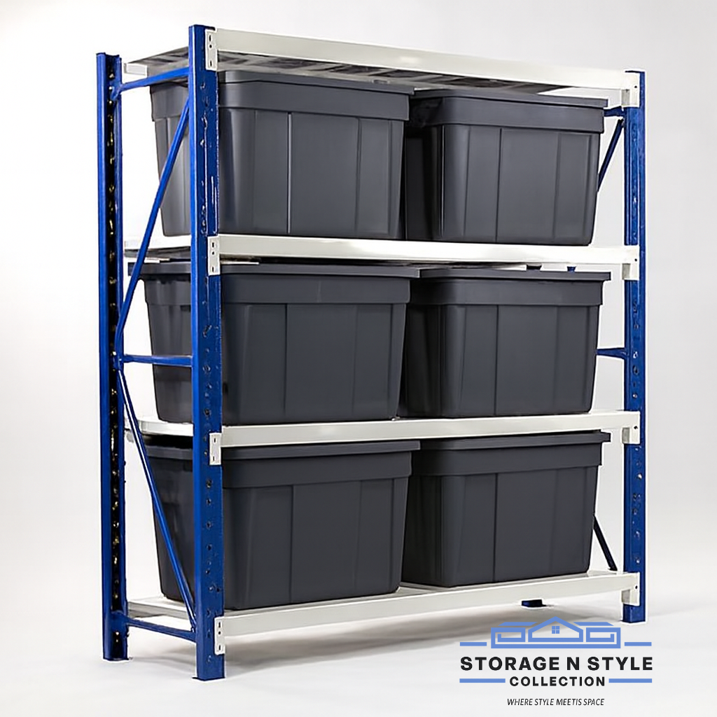 Blue metal shelving unit with white shelves holding six large black storage bins, three on each shelf, against a plain white background.