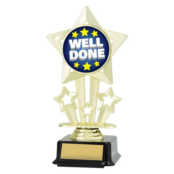 A trophy with a large star and smaller stars, featuring a circular emblem with 'WELL DONE' and stars, mounted on a black base with a blank plaque.