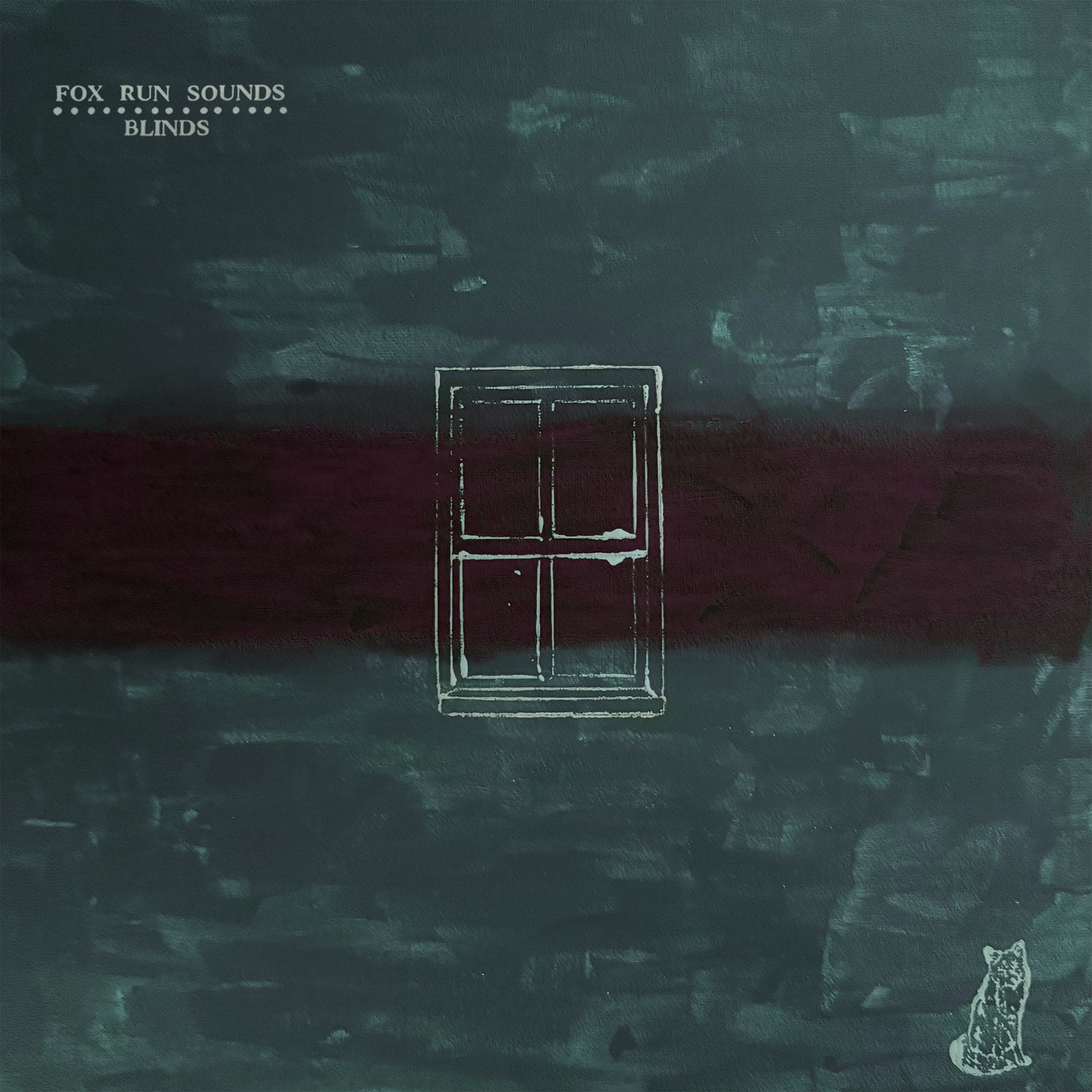 Dark green painting with a haint blue window and text that reads 'FOX RUN SOUNDS BLINDS' in haint blue.