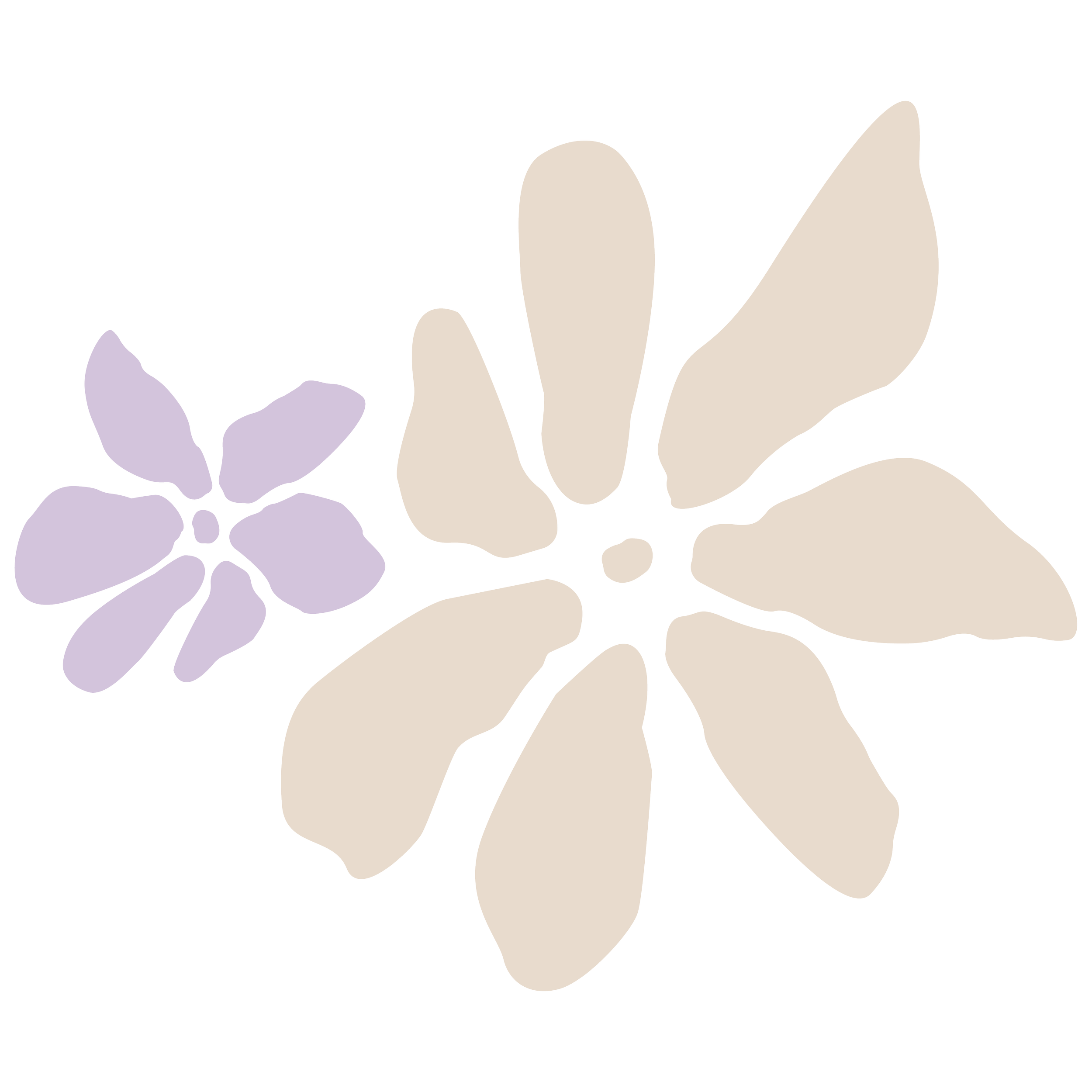 Outline illustration of a purple flower with five petals and a beige flower with multiple petals, on a black background.