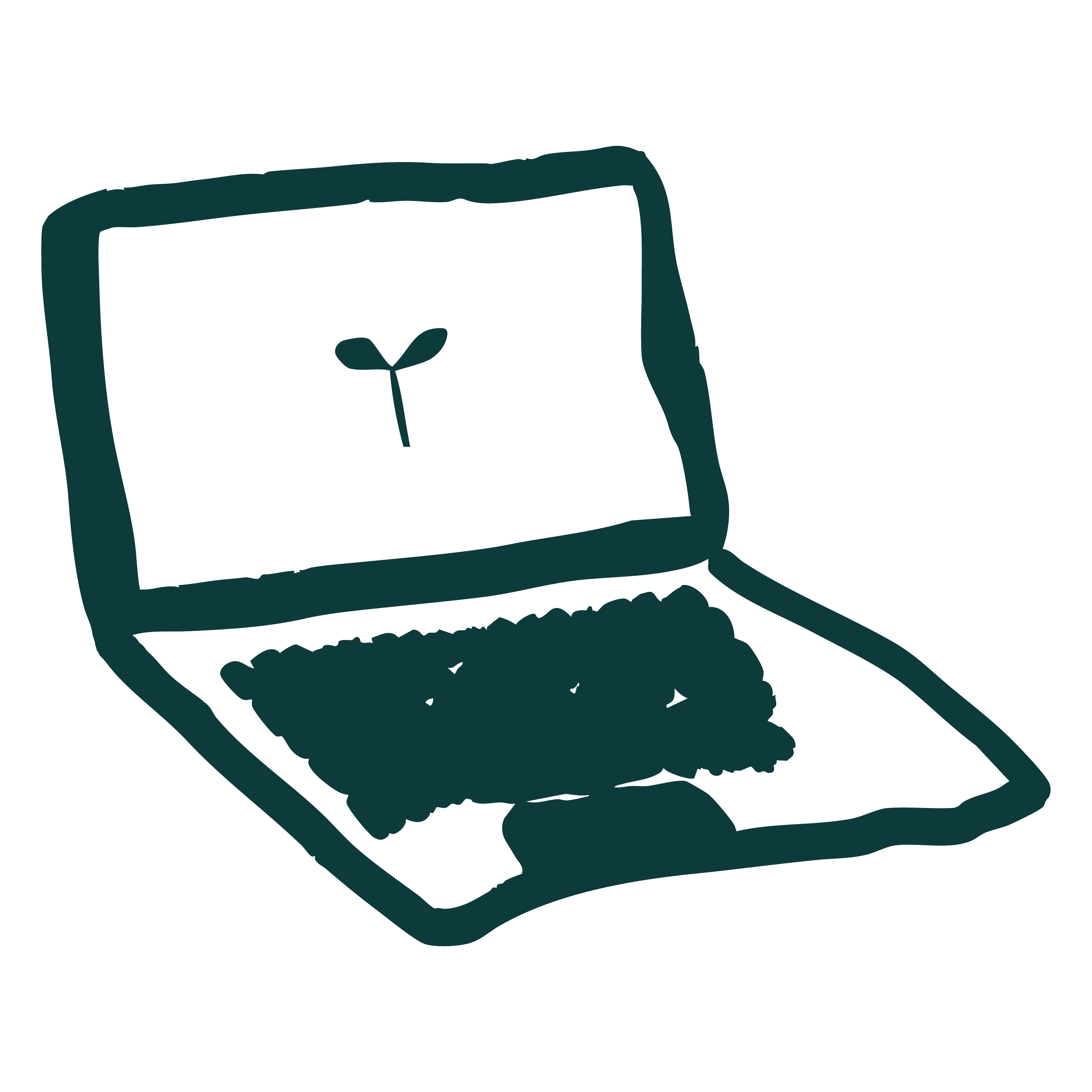 Drawing of a laptop with a sprout on the screen and some food on the keyboard.