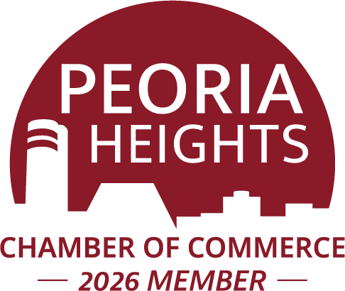 Peoria Heights Chamber of Commerce 2026 member logo with a maroon circular background, white text, and a silhouette of a building.