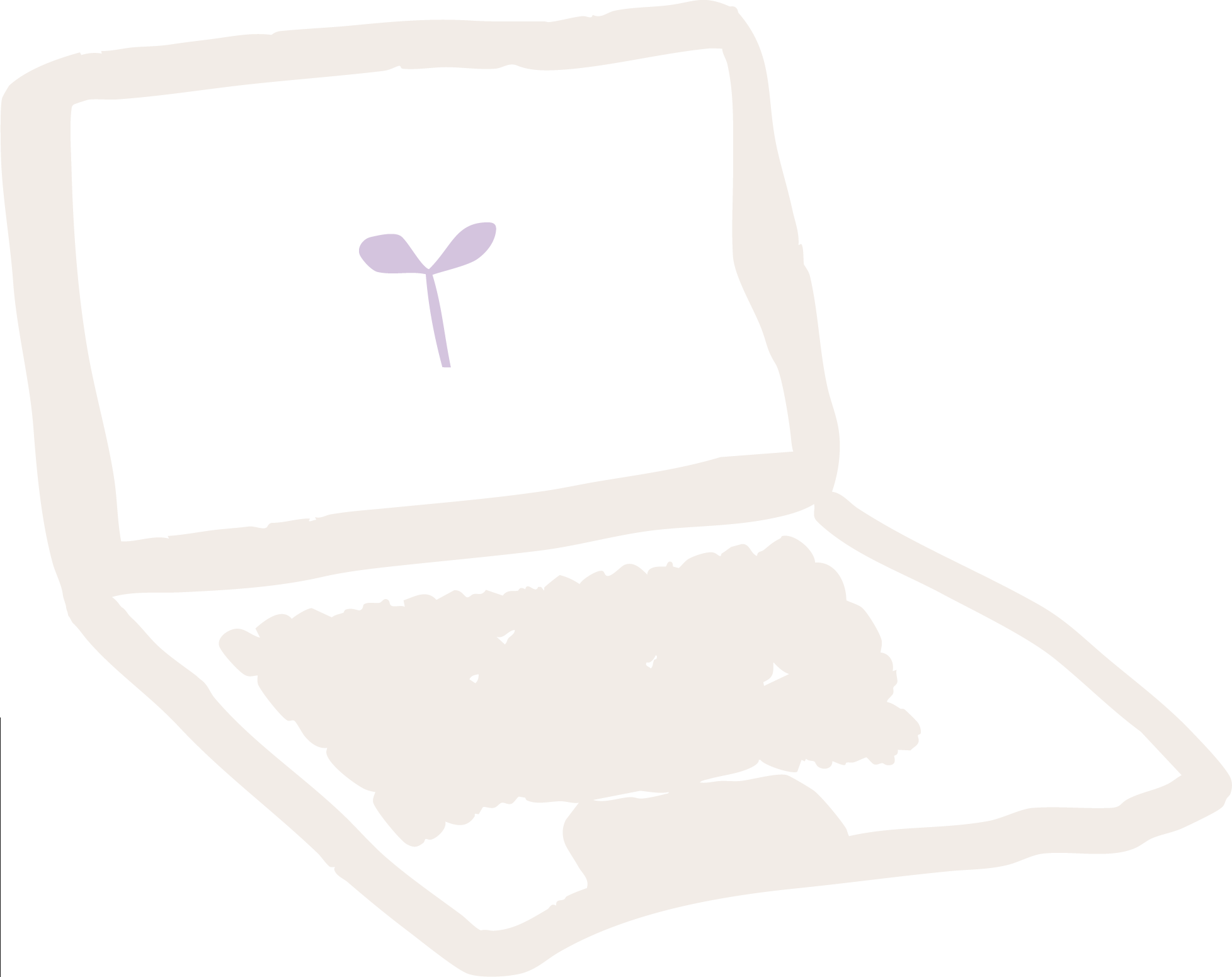 Drawing of a laptop with a sprout on the screen and some food on the keyboard.