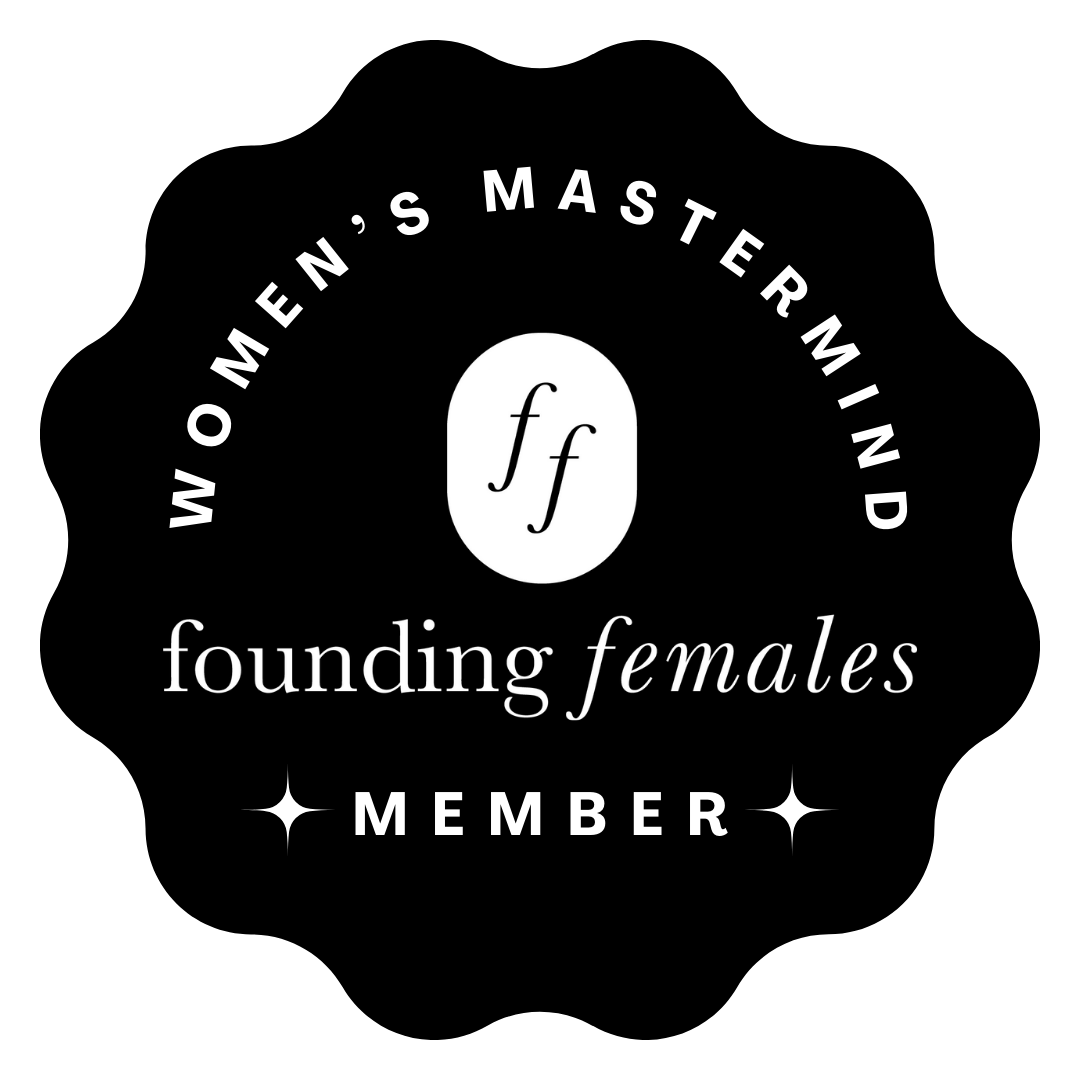Black background with white text and symbols, indicating membership in Women’s Mastermind, Founding Females.