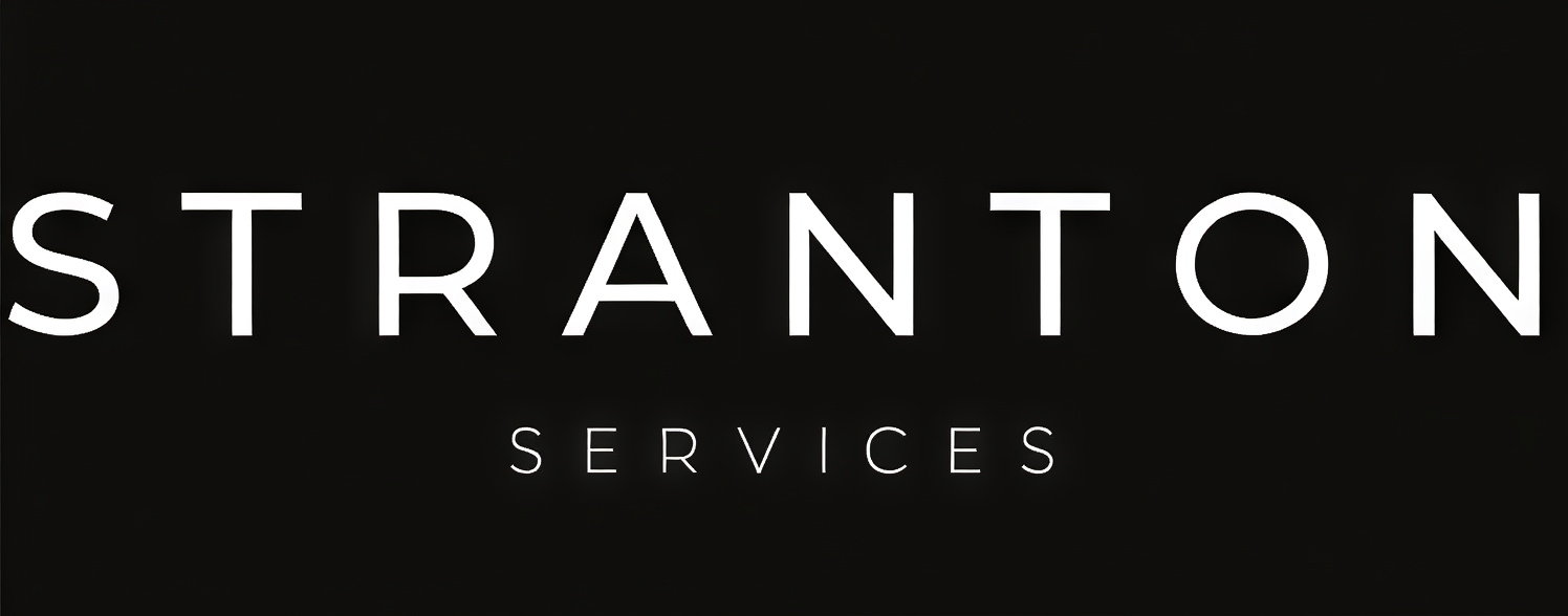 Logo for Stratton Services with white text on a black background.