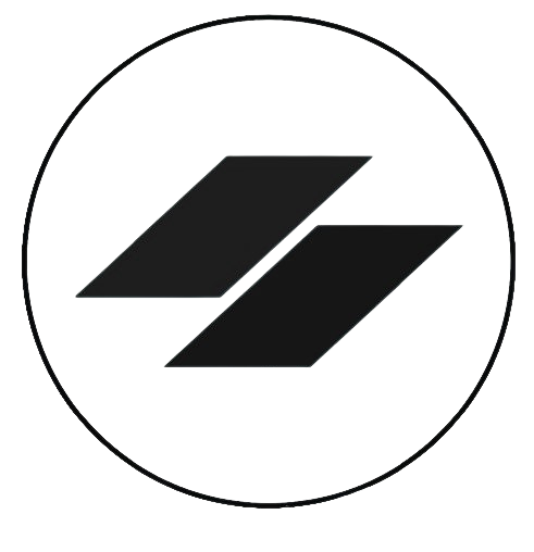 Black and grey geometric logo with two diagonal shapes inside a circle.