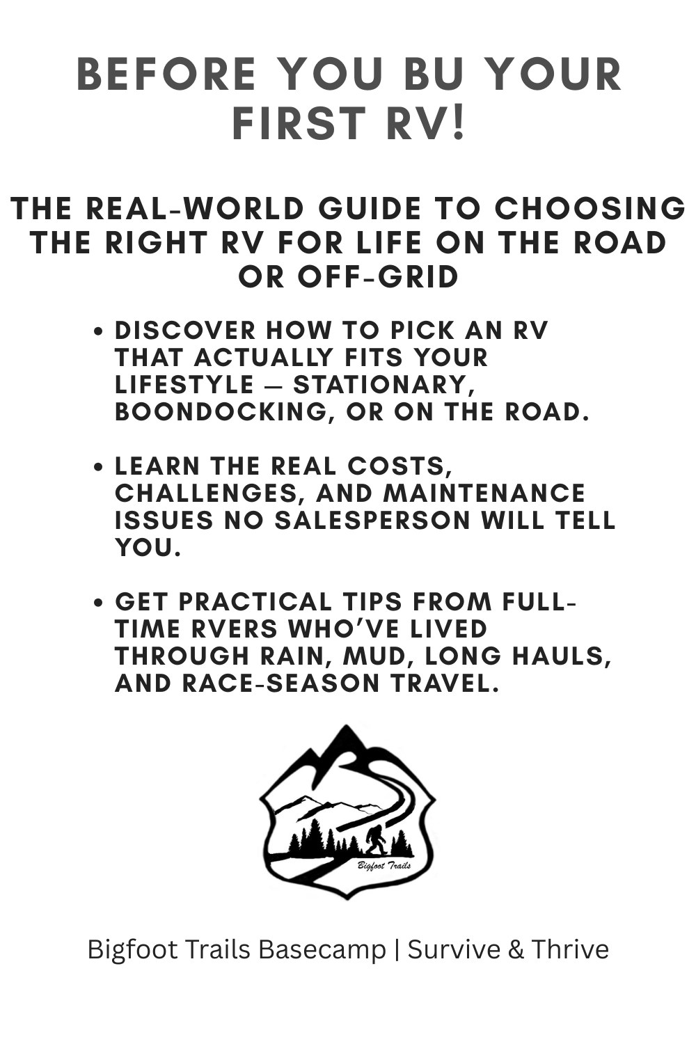 Guide for first-time RV buyers with tips on choosing, costs, and practical advice, featuring a mountain and trail logo at the bottom.