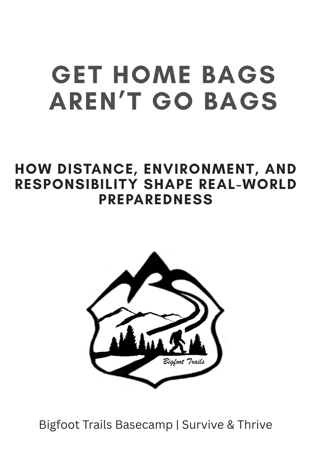 Cover page with title "Get Home Bags Aren't Go Bags" and subtitle about environment, distance, and responsibility shaping real-world preparedness. Includes a logo with a mountain, trees, and a hiker, labeled "Bigfoot Trails."
