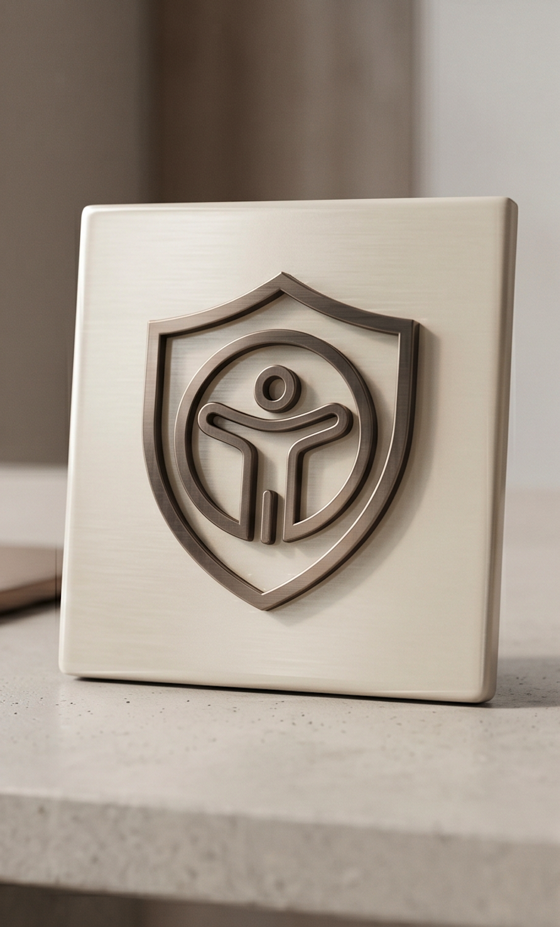 A decorative plaque with a metallic emblem of a shield and a stylized person inside it, placed on a white stand.