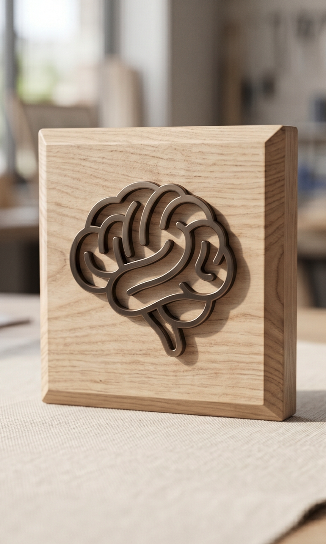 Wooden block with metal brain-shaped emblem attached to the front.