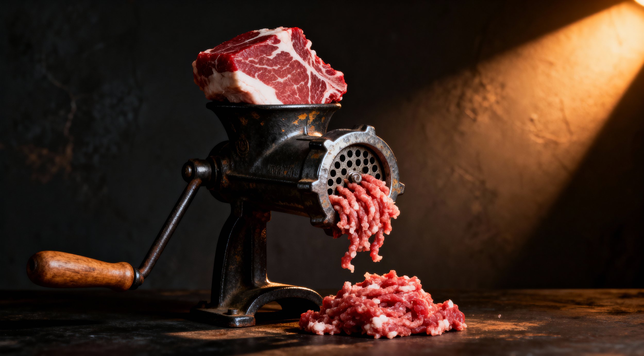 A vintage meat grinder with a wooden handle, grinding raw beef, with some ground beef coming out into a pile on a dark wooden surface. A large piece of raw beef sits in the top of the grinder. The background is dark with a warm spotlight on the right
