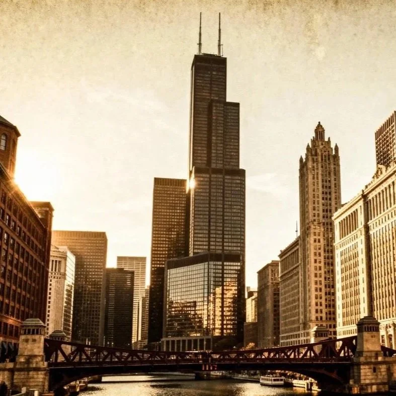 Chicago skyline at sunset with tall buildings and a bridge over the river.