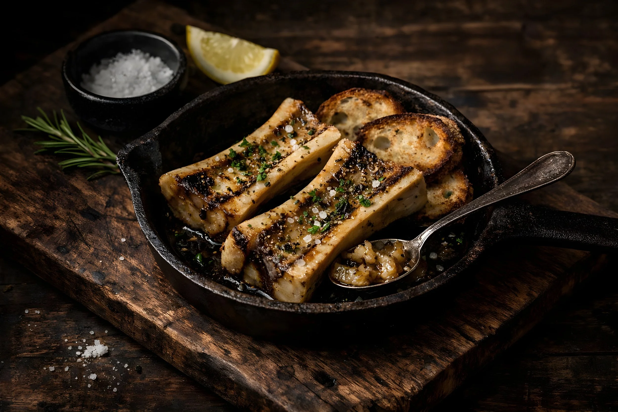 Grilled beef short ribs with toasted bread slices, lemon wedge, coarse salt, and rosemary sprig on a dark wooden surface.