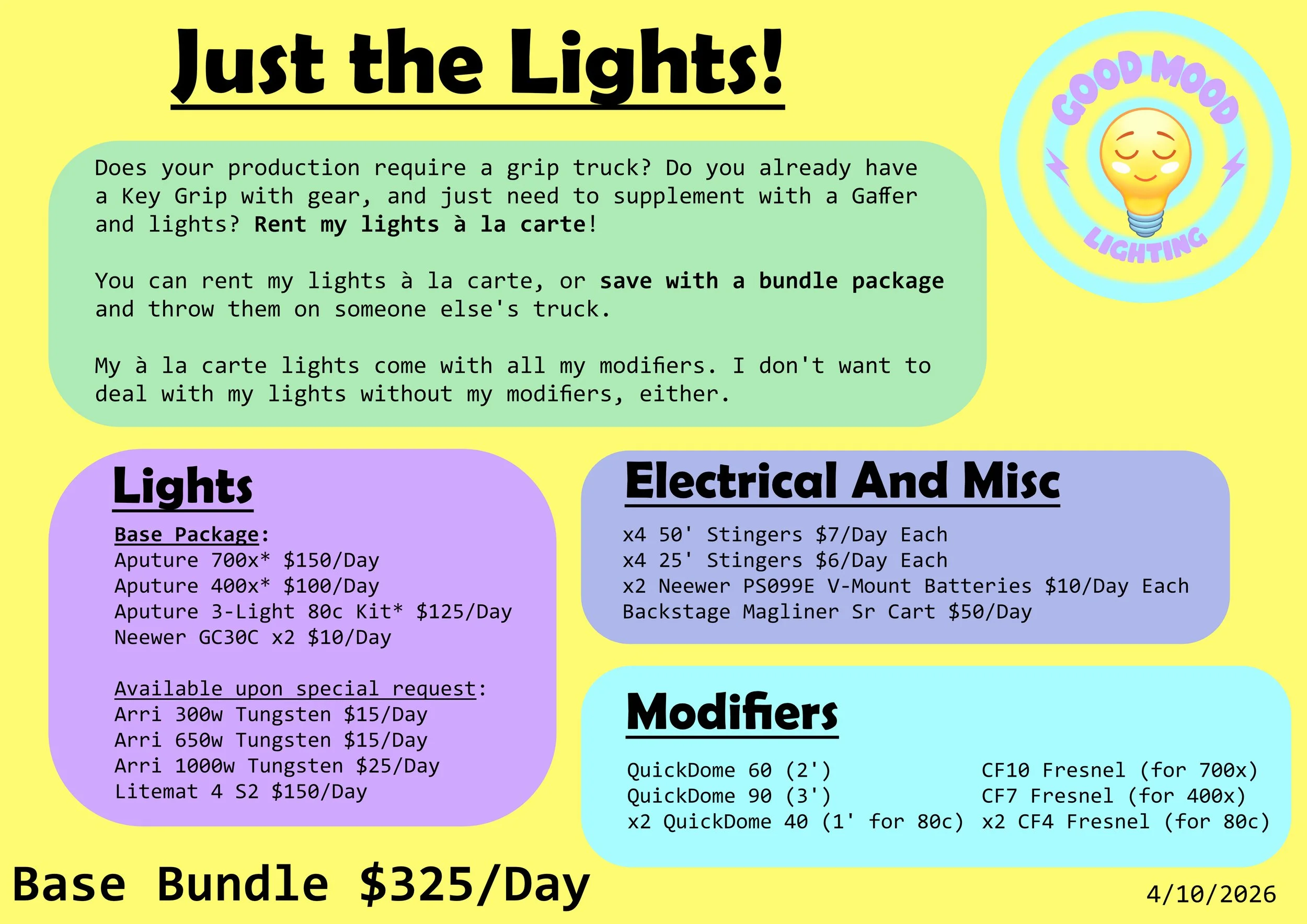 A Graphic displaying A la carte lights and their prices available for rent with Good Mood Lighting.