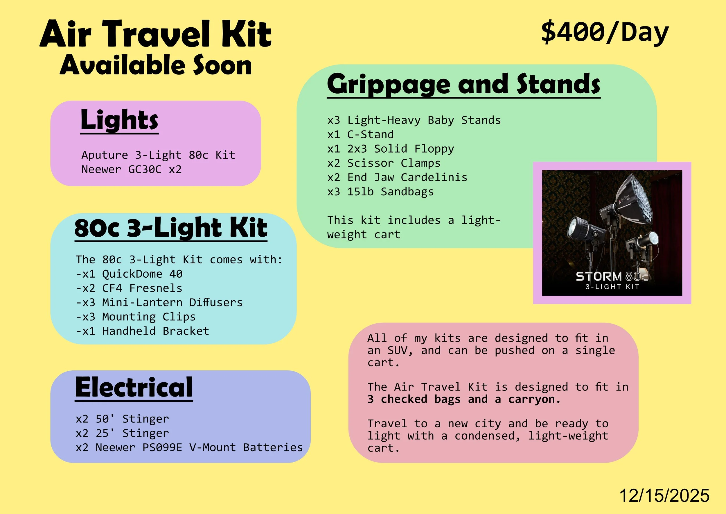 Good Mood Lighting based in Atlanta, Georgia provides this Air Travel Kit. It uses three checked bags and a carryon. You can fly with this kit, which uses the Aputure 80c 3-light kit.