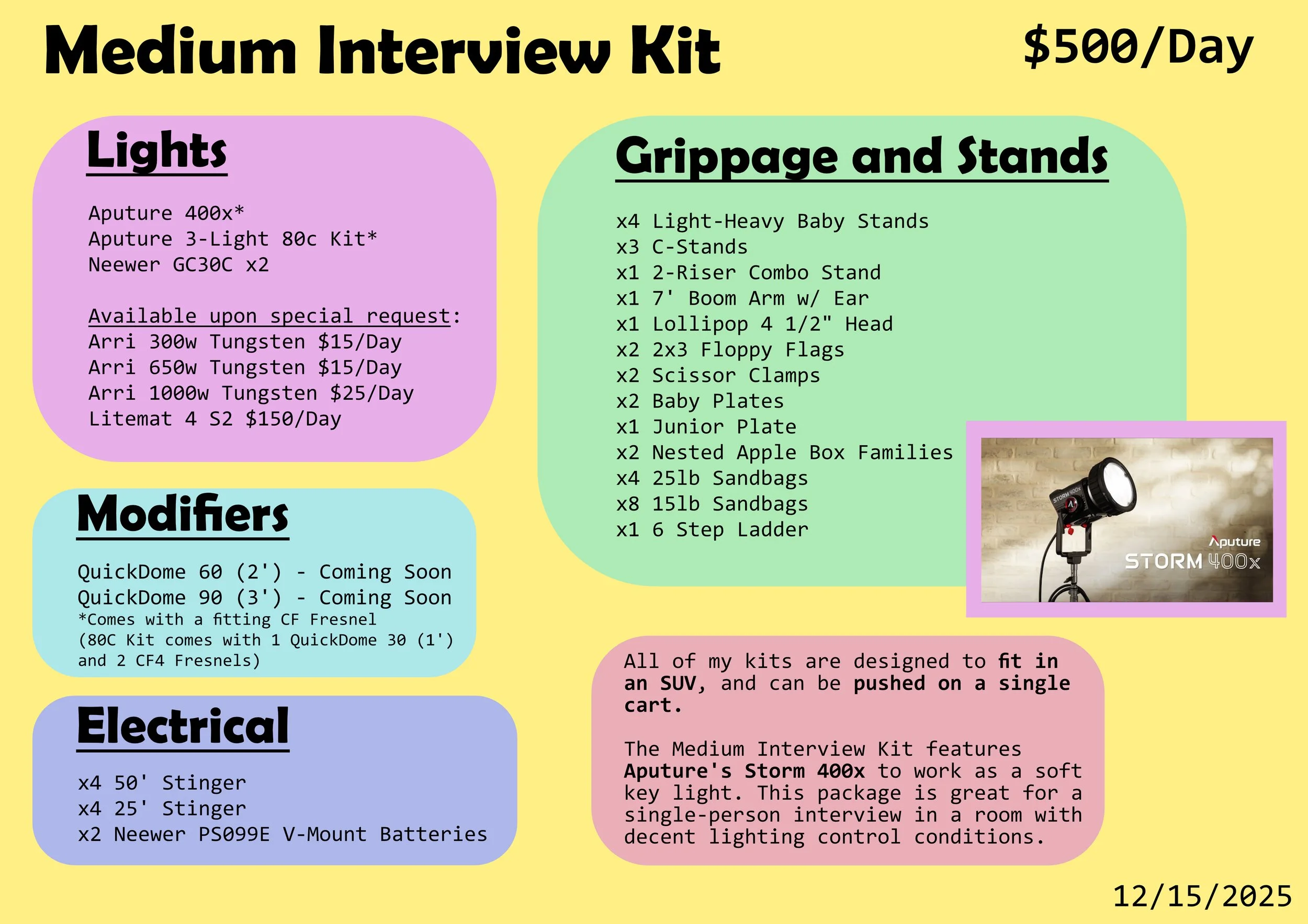 This medium interview kit features the Aputure 400x. Good Mood Lighting, a lighting rental company based in ATL, GA provides this lighting kit.