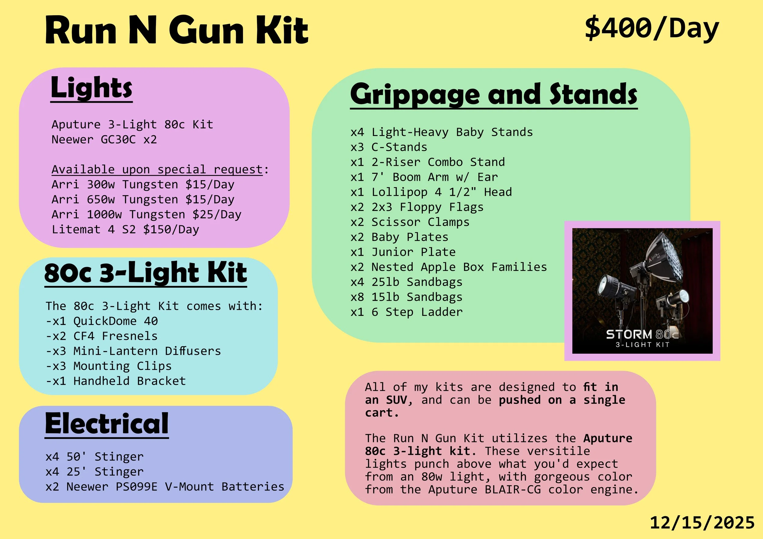 This lighting package provided by rental house Good Mood Lighting is great for run and gun shoots. It uses the Aputure 80c three-light kit. Based in Atlanta, GA.