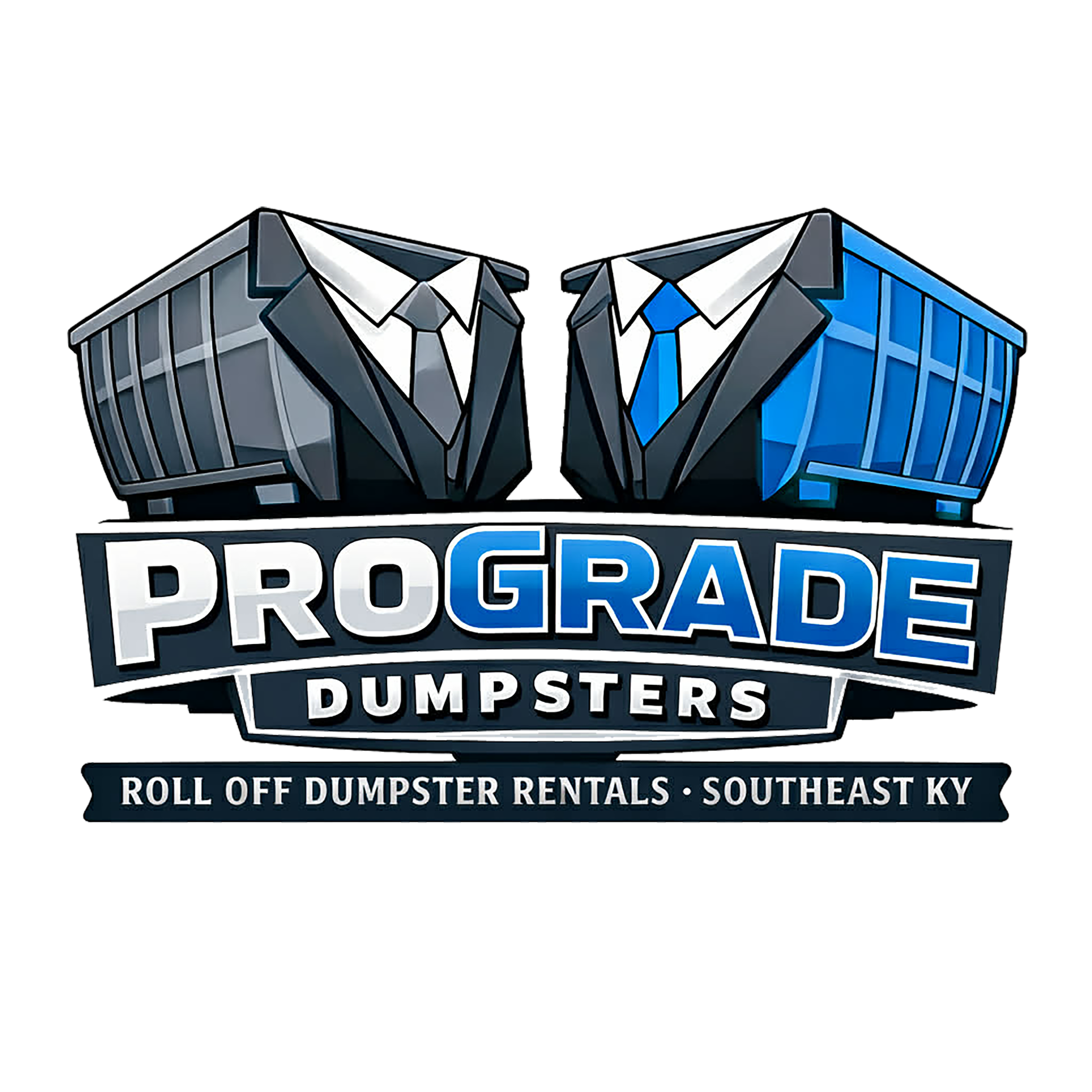 ProGrade Dumpsters business logo featuring two 15-yard roll-off dumpster bins in suits for the "professional grade" look.