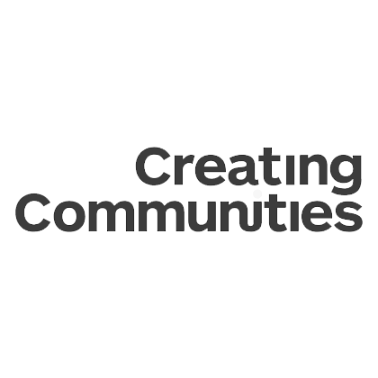 A black and white logo with the words "Creating Communities" in bold font.
