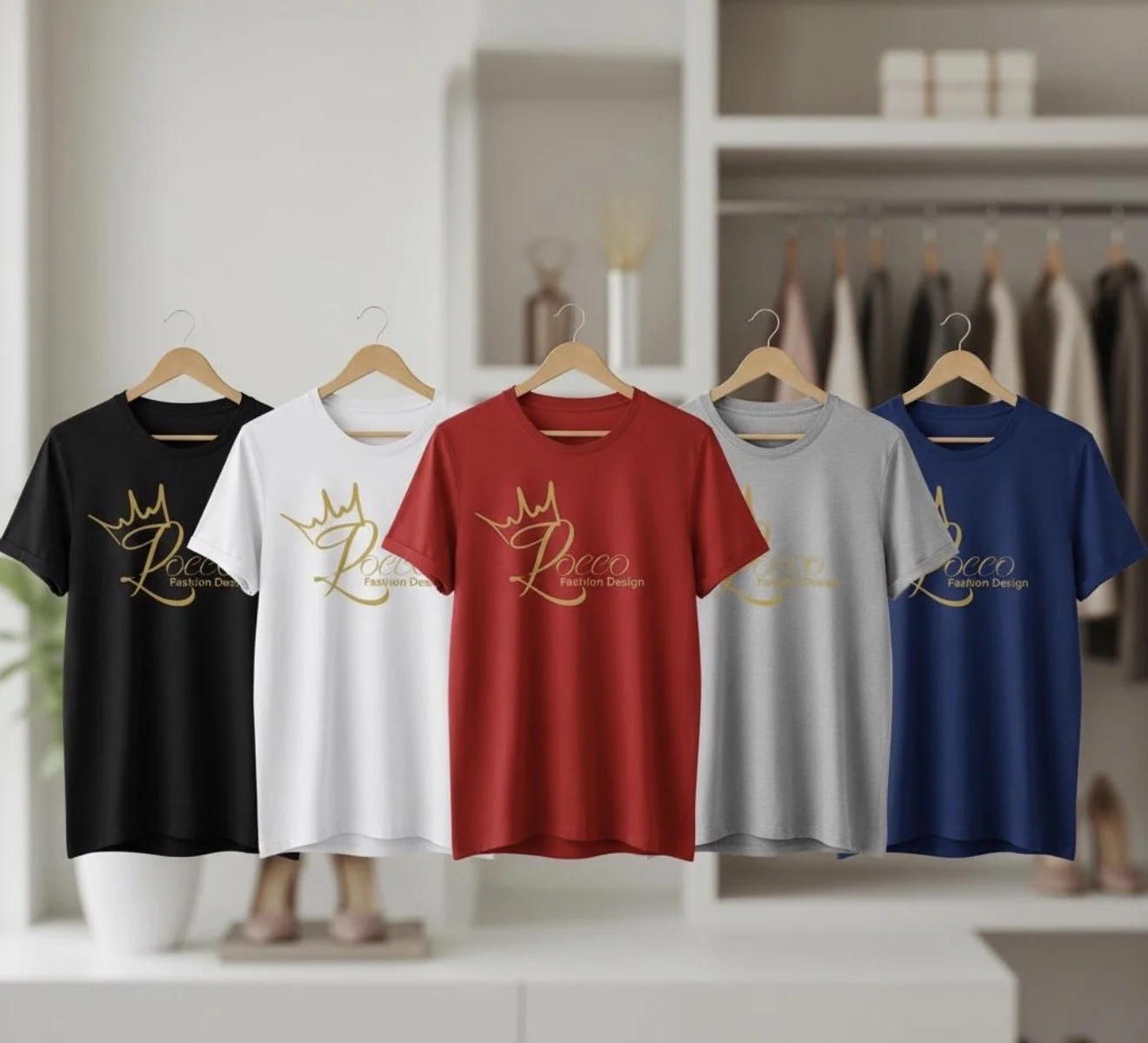 Five T-shirts hanging on wooden hangers with a logo that says Locco Fashion Design' and a crown graphic, in black, white, red, gray, and blue, displayed in a room with shelves and clothing in the background.