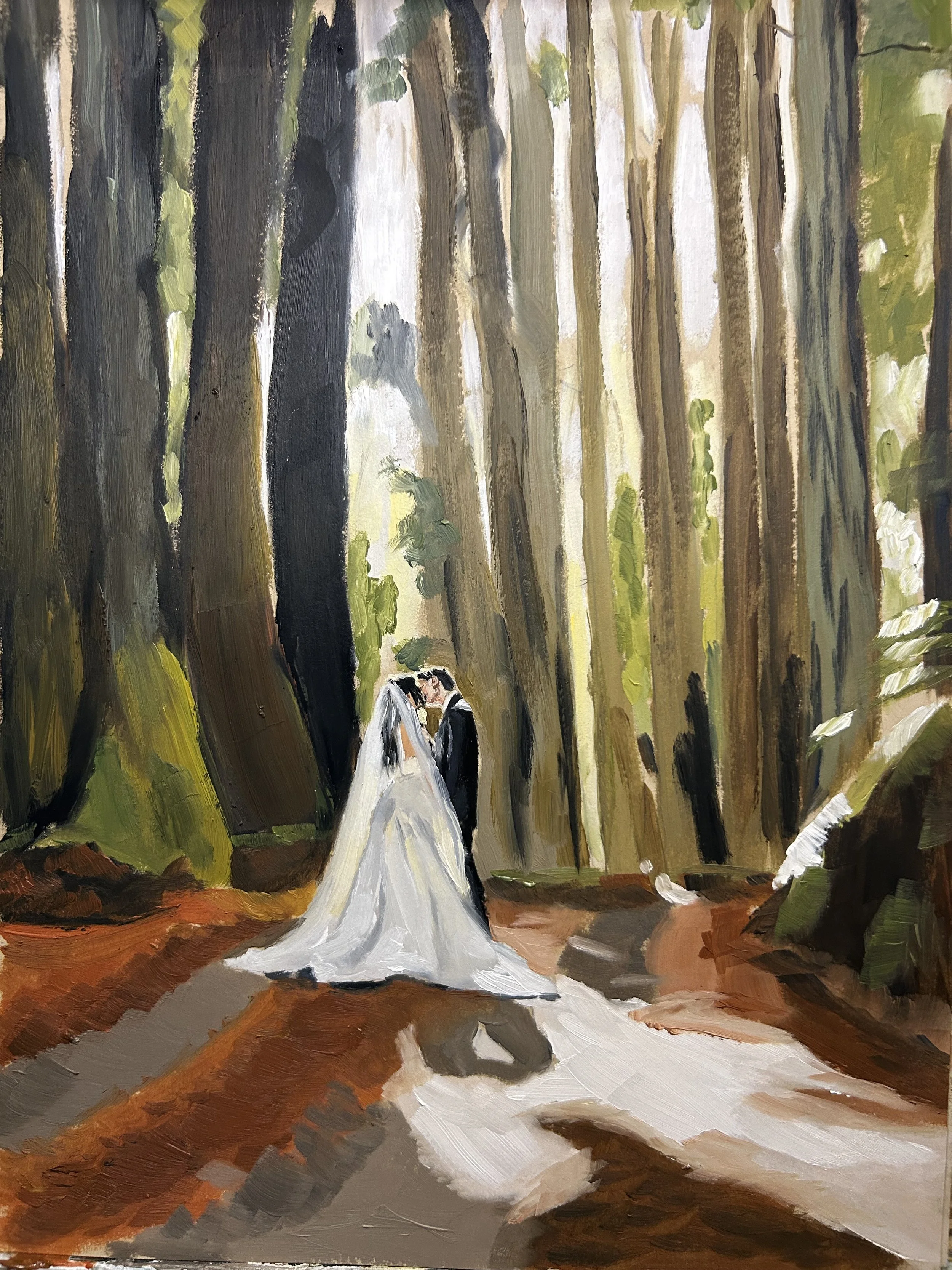 A painting of a bride and groom kissing in a forest of tall trees, with sunlight filtering through the leaves.