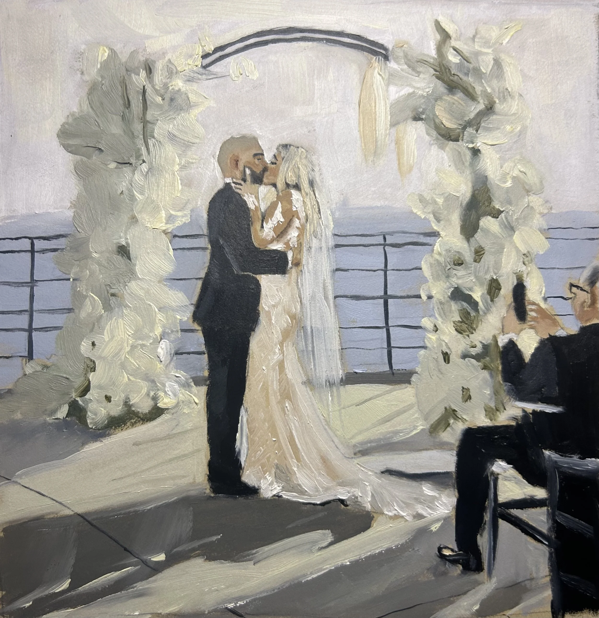 Painting of a wedding ceremony with a couple kissing under an arch decorated with white flowers, on a deck overlooking water. Guests are seated, with one person taking a photo.