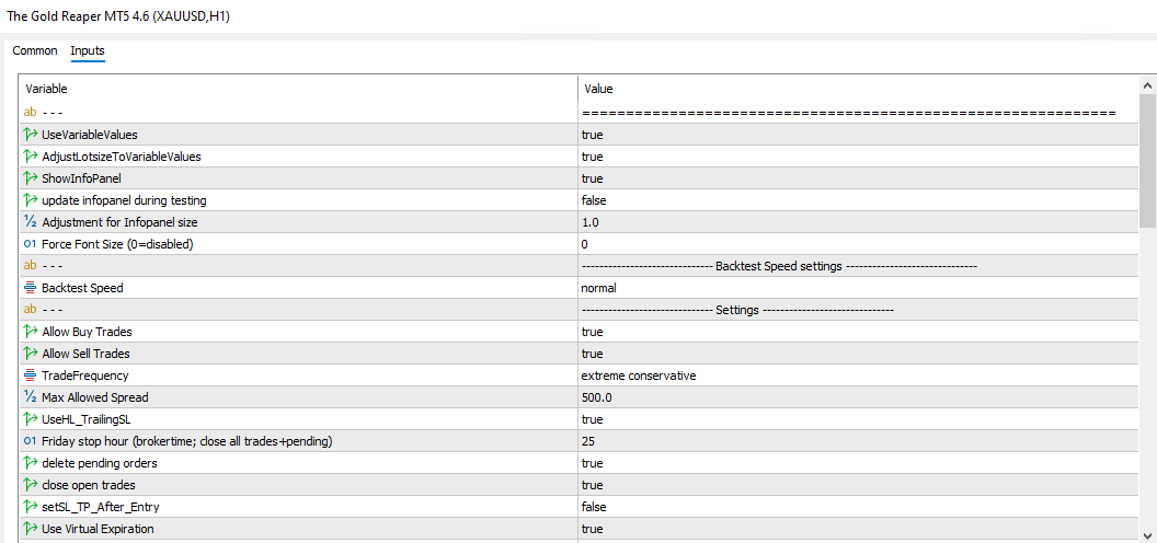 Gold Reaper EA input settings on XAUUSD H1 showing extreme conservative trade frequency