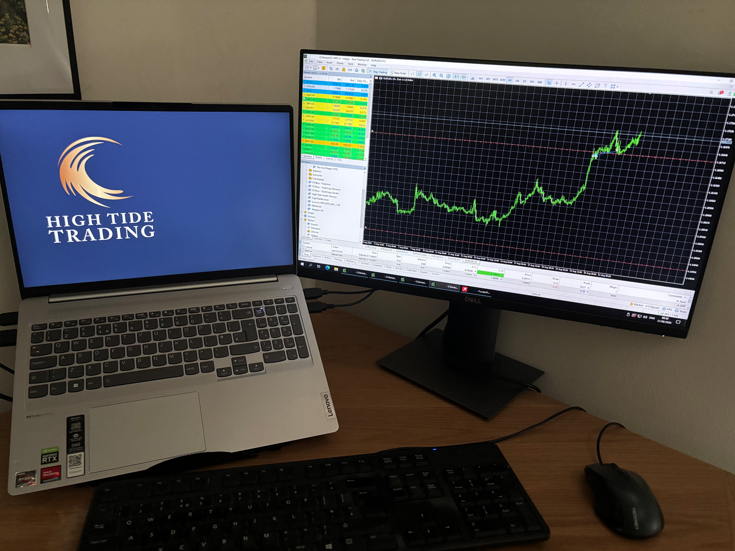 High Tide Trading desk setup running MetaTrader 5 on a laptop and monitor