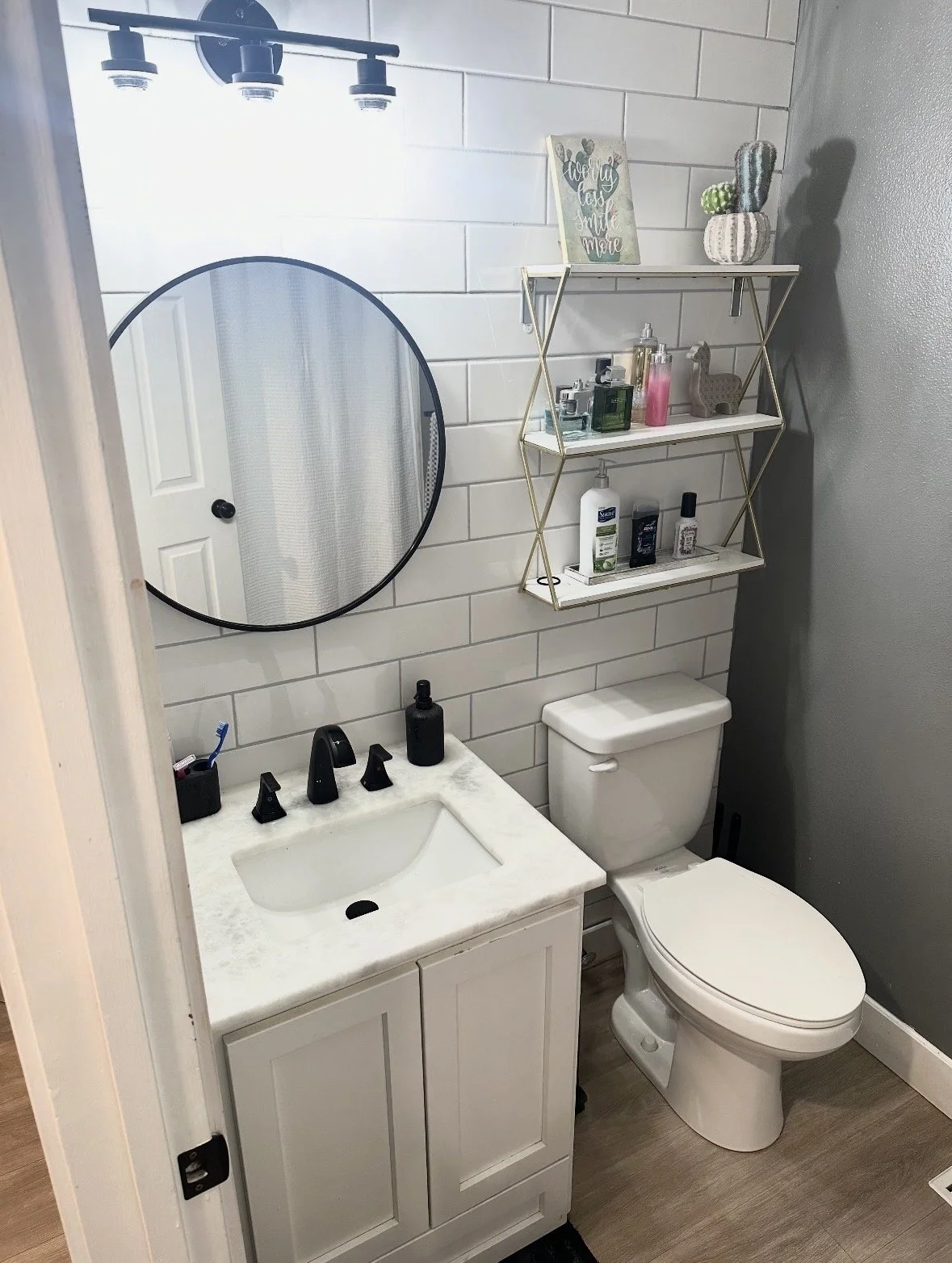 Small bathroom with a white vanity, round mirror, and a shelf with decorative plants and toiletries, including a tissue box and hand soap, alongside a white toilet.
