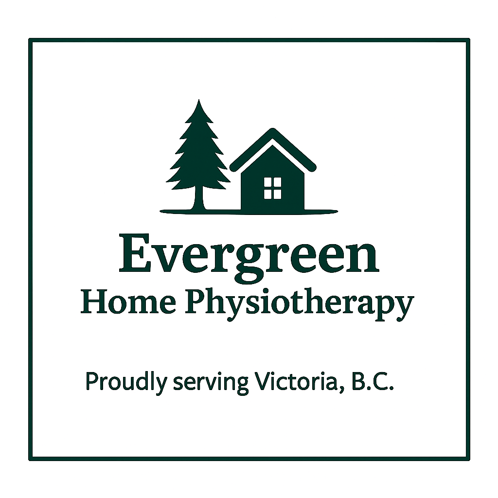 Logo with a pine tree, house, and text: Evergreen Home Physiotherapy, serving Victoria, B.C.
