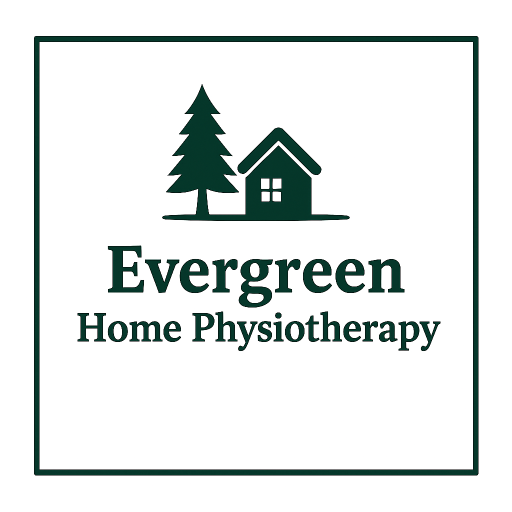 A logo for Evergreen Home Physiotherapy featuring a silhouette of a house and an evergreen tree.