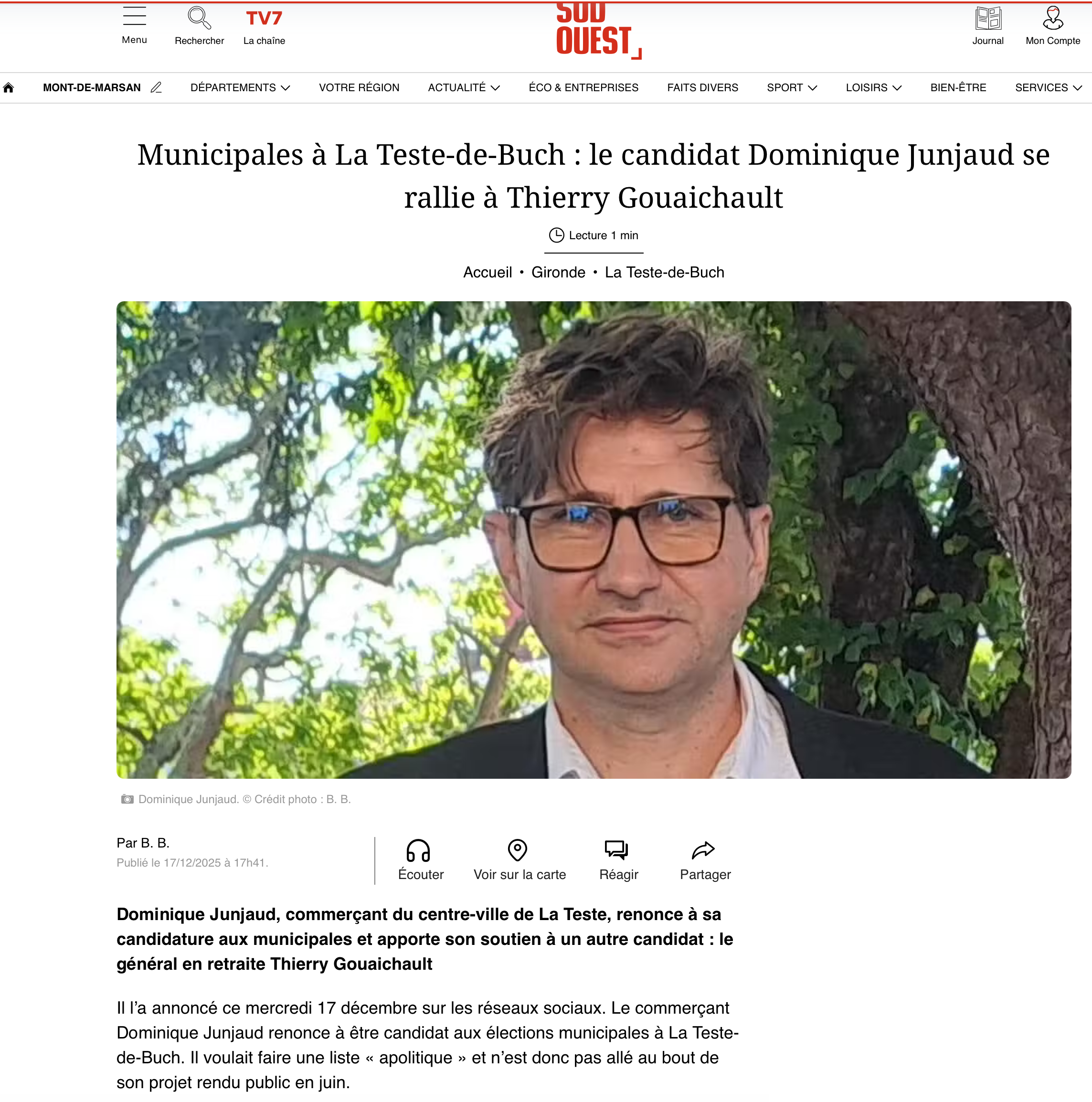 [SUD-OUEST] Municipales : le candidat Dominique Junjaud se rallie à Thierry Gouaichault